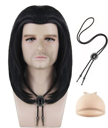 Vincent Vega Parrucca da uomo nera corta per uomo con collana, parrucca da 70 pezzi, per Halloween e feste in costume Wig AL092